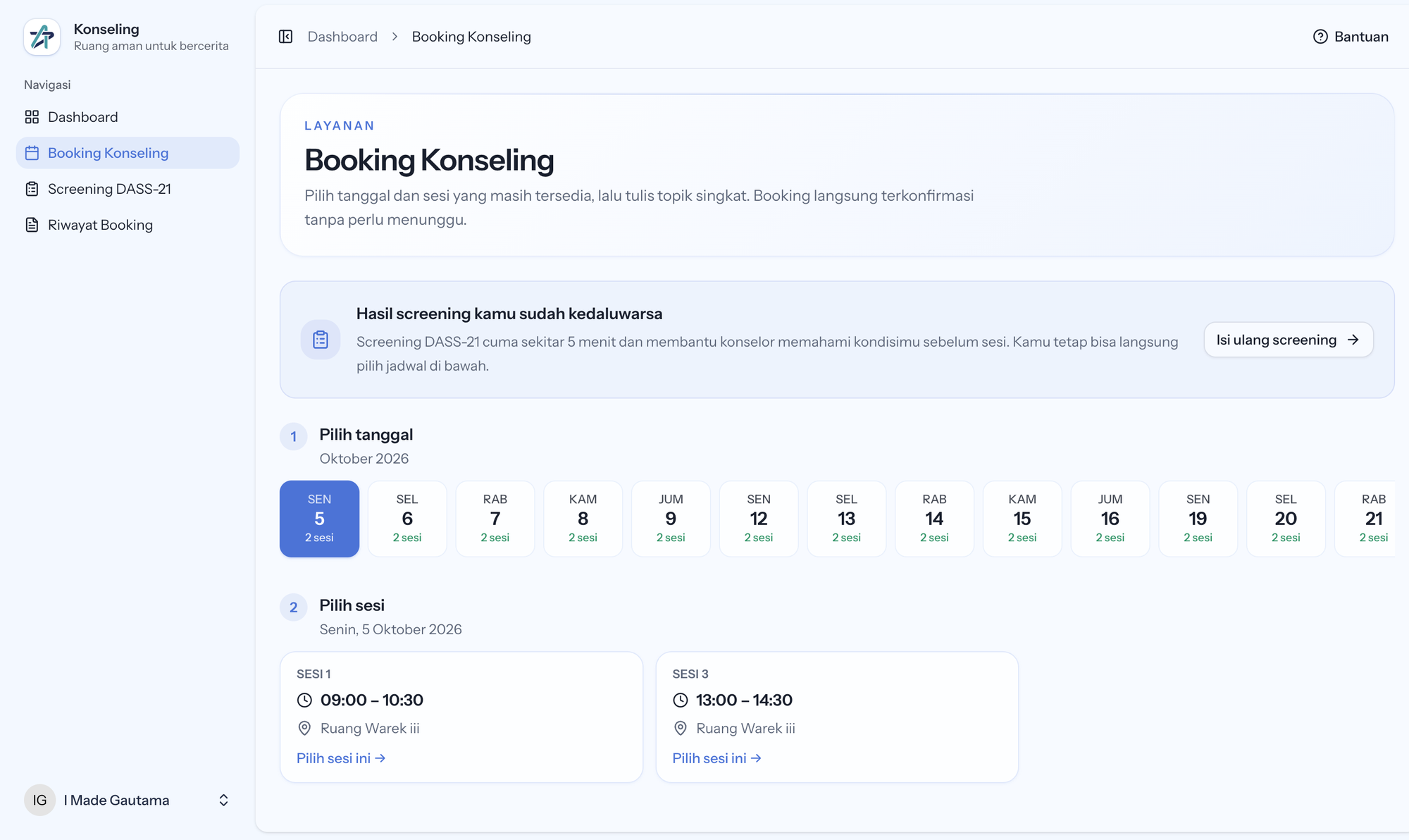 Membuka halaman Booking Konseling