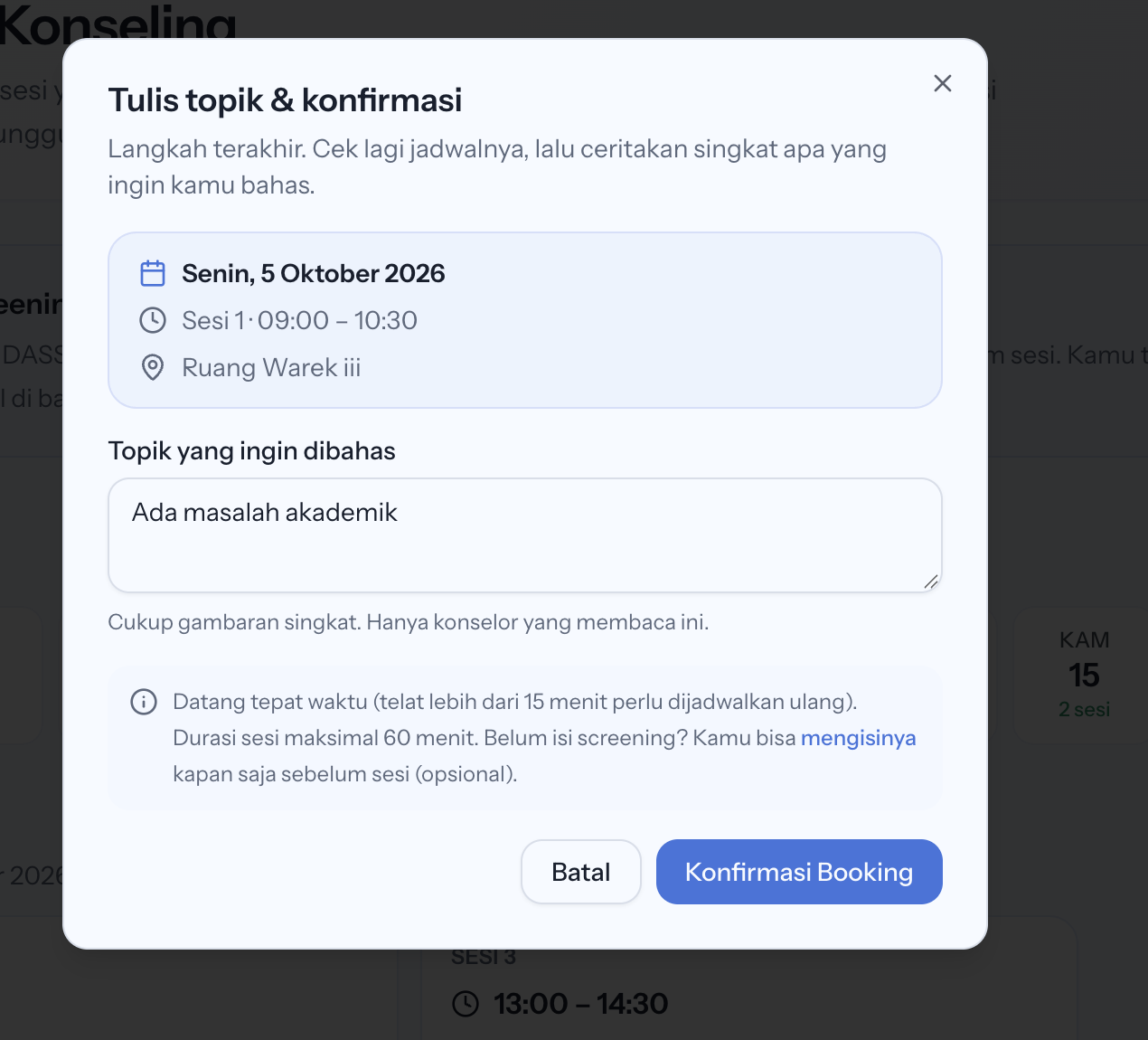 Mengisi topik dan konfirmasi booking