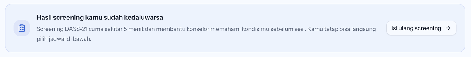 Informasi hasil screening kedaluwarsa pada halaman Booking Konseling