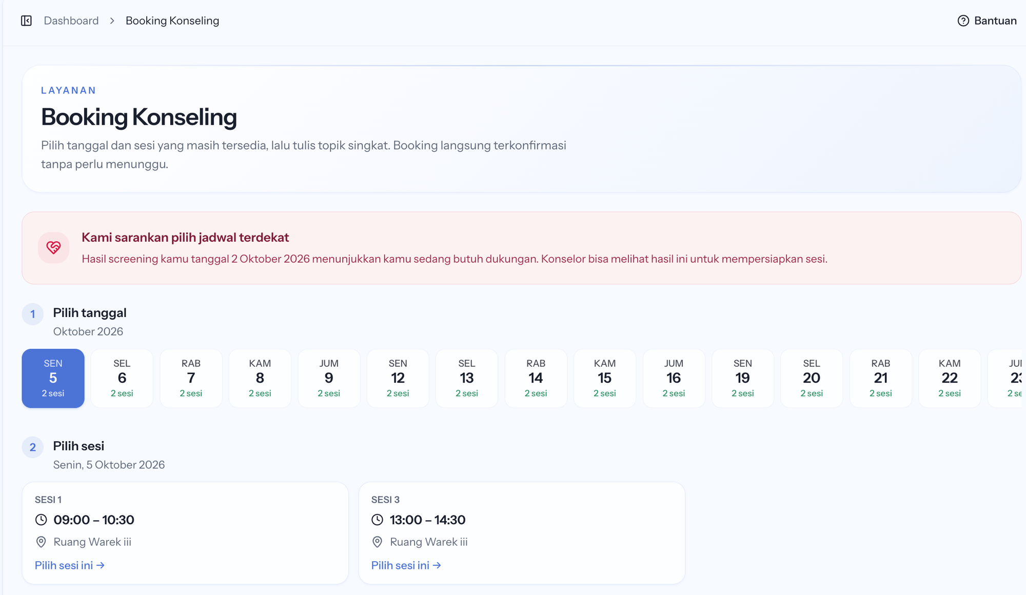 Saran pilih jadwal terdekat pada halaman Booking Konseling
