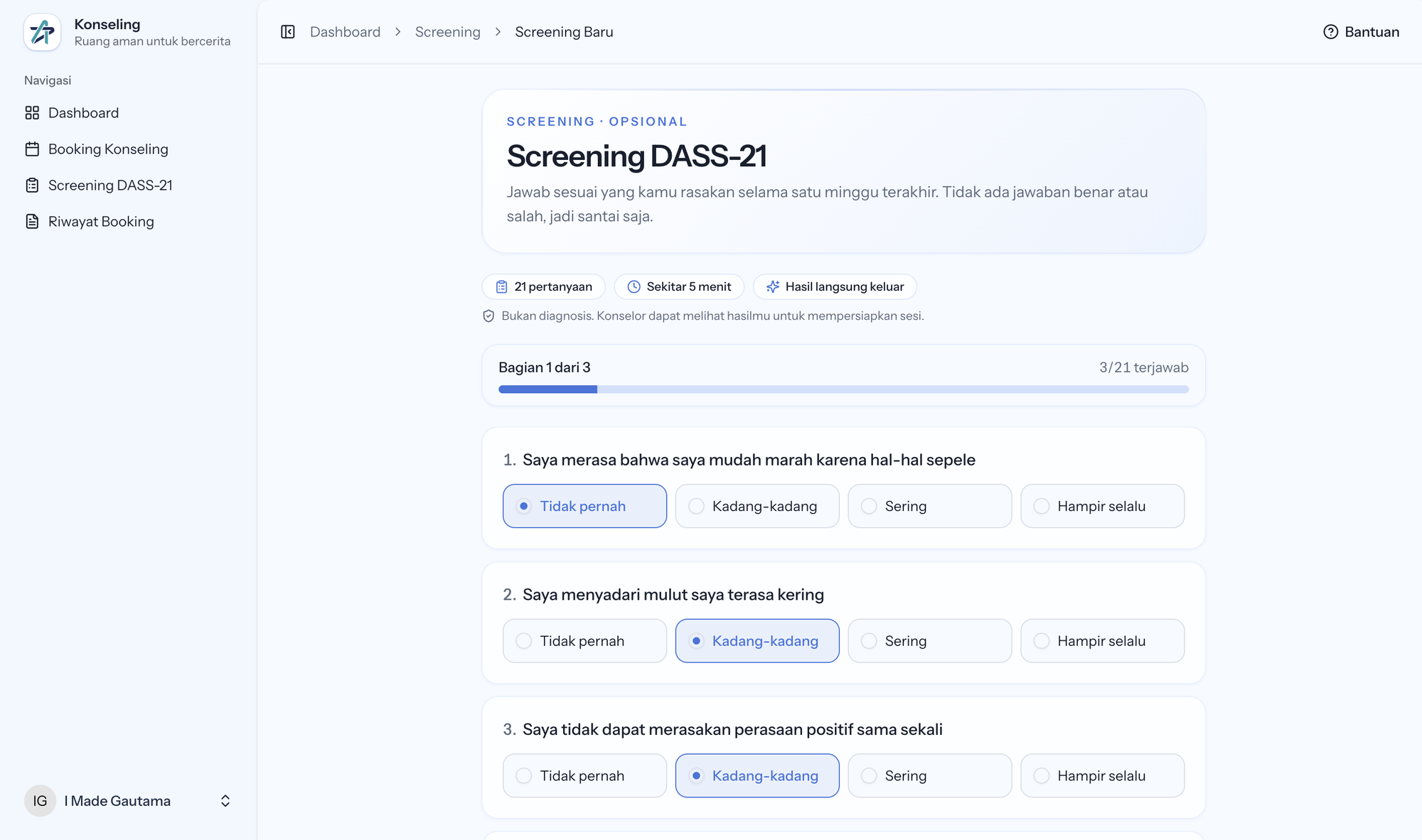 Halaman Screening DASS-21 dan pilihan jawaban